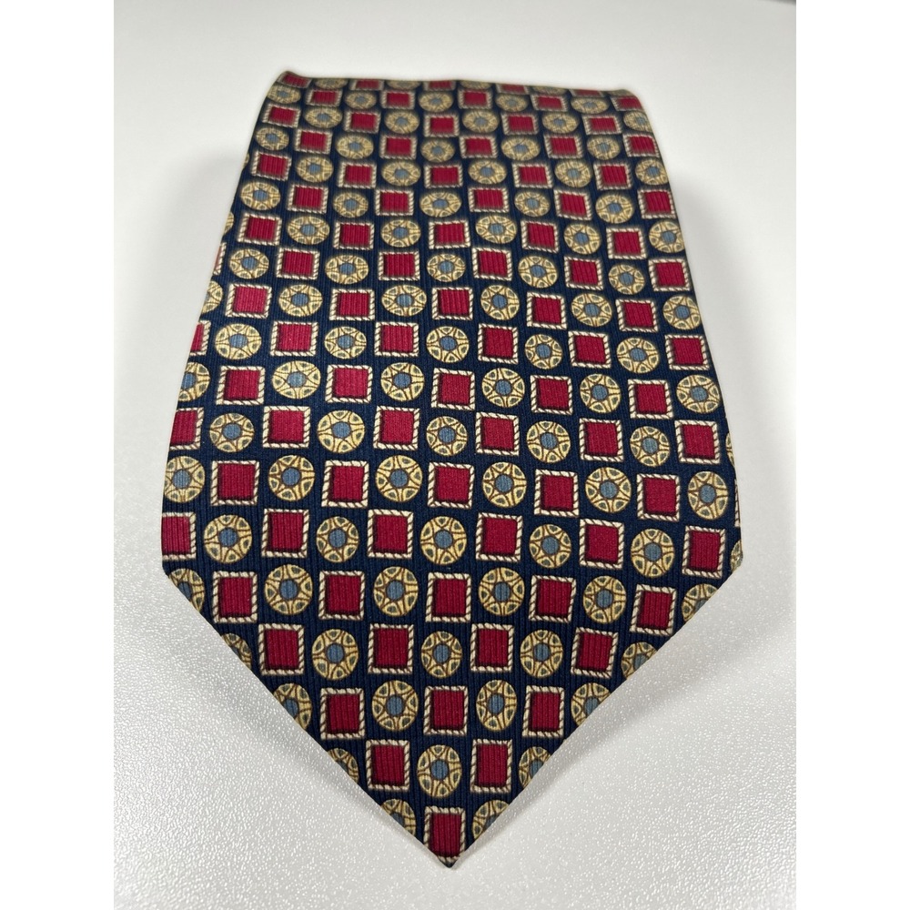 Inter House Mens Silk Tie Navy Blue Red Gold Geometric Medallion Handmade Spain